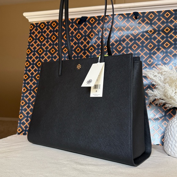 NWT , Tory Burch Emerson leather large black work Tote bag - Picture 1 of 12